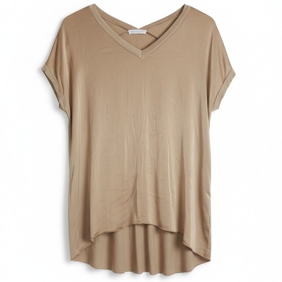 Tops - Made in Italy Shimmery Taupe V-Neck High Low Tunic Top Women Medium Minimalist